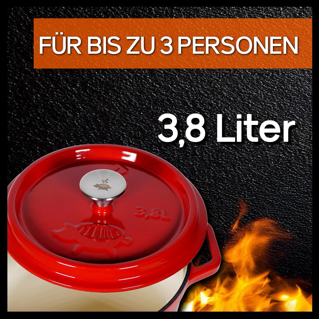 Dutch Oven Emailliert (3,8L) | Feuertopf rot | BBQ, 3,8L