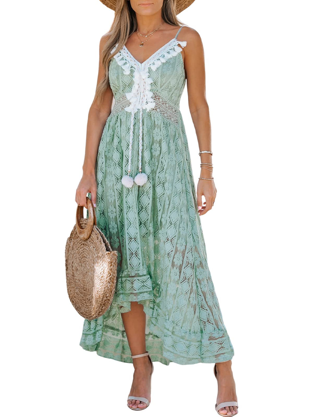 CUPSHE Damen Sommerkleid V Ausschnitt Floral Spitze Quasten Spaghetti Trägerkleid Freizeitkleider Hi