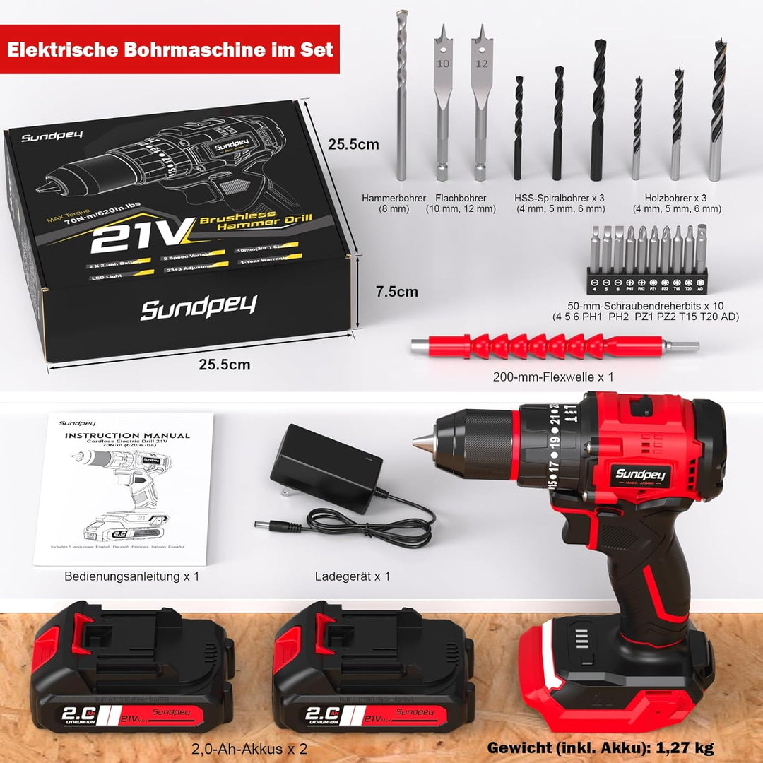 Sundpey 21V Akkuschrauber Set - Max. 70Nm Bürstenlos Akkubohrer und Schrauber mit 2 x 2.0Ah Akku, 23