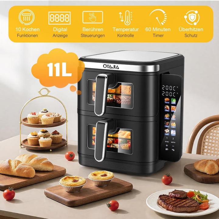 Double Stack Heissluftfritteuse, Vertikale Doppelkammer Heissluftfritteuse, Klappbares Touchdisplay,