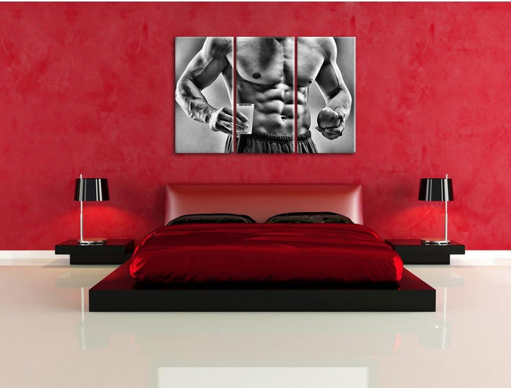 Pixxprint Trainierter Oberkörper Bodybuilder als Leinwandbild/Grösse: 3 Teilig (120x80) cm/Wandbild/