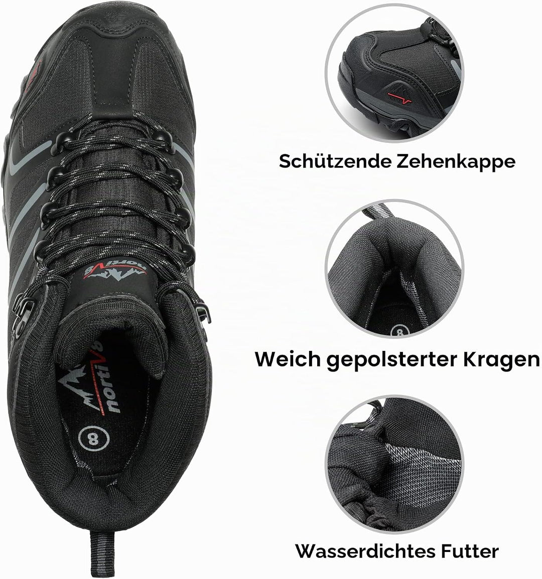 NORTIV 8 Herren-Wanderstiefel, wasserdichte Outdoor-Trekkingstiefel 44 EU Weit Schwarz, 44 EU Weit S