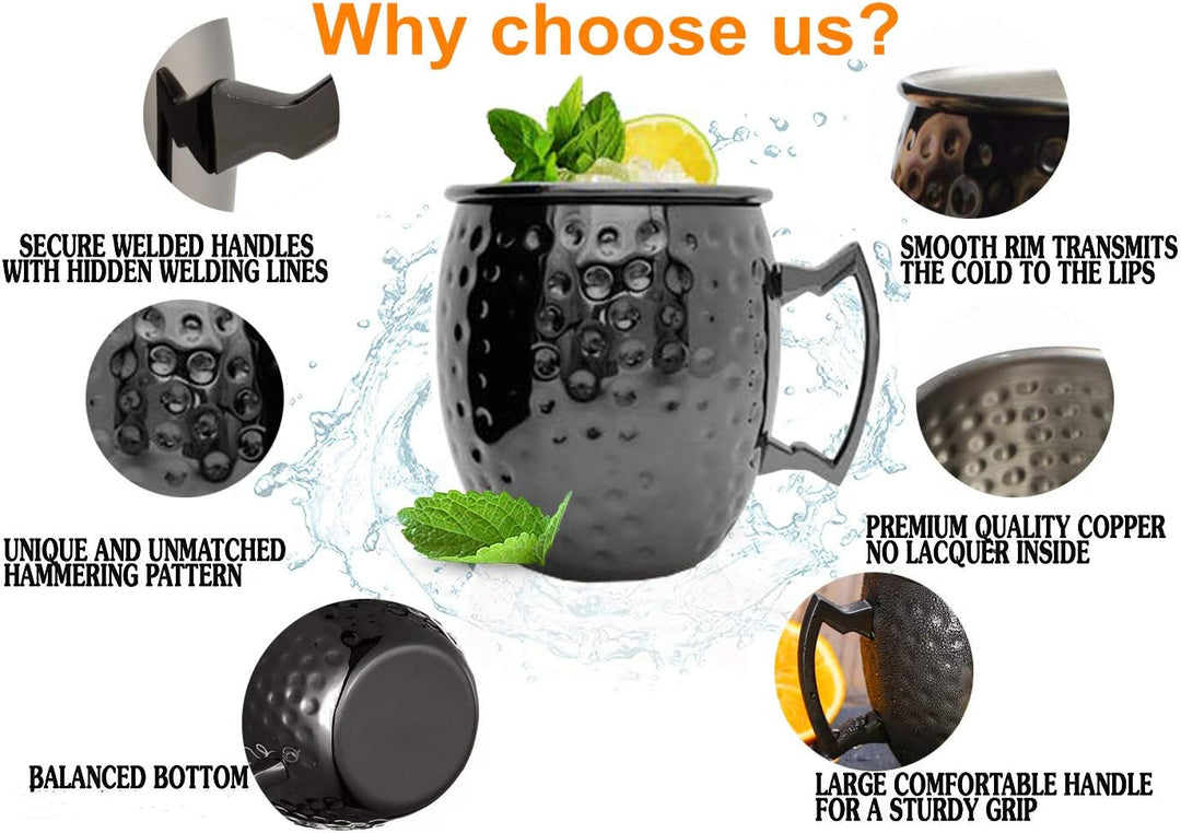 Moscow Mule Becher, Set 4er, Gunmetal schwarz 550ml, Moscow Mule Mug mit 4 Becher, 4 Trinkhalme, 1 M