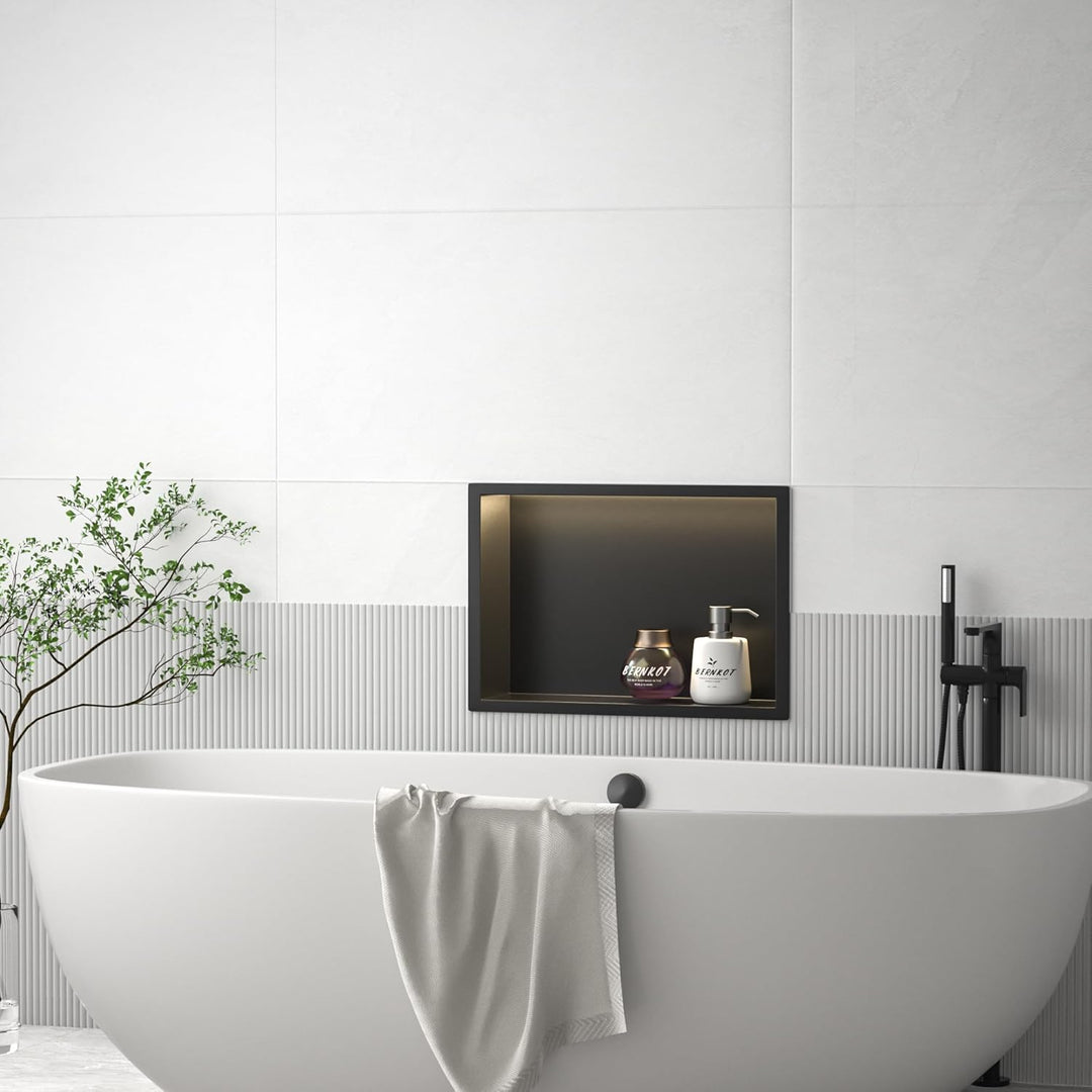 Bernkot Wandnische Dusche Edelstahl mit LED-Streifenlicht, 45 cm x 30 cm, Wasserdicht - Keine Fliese