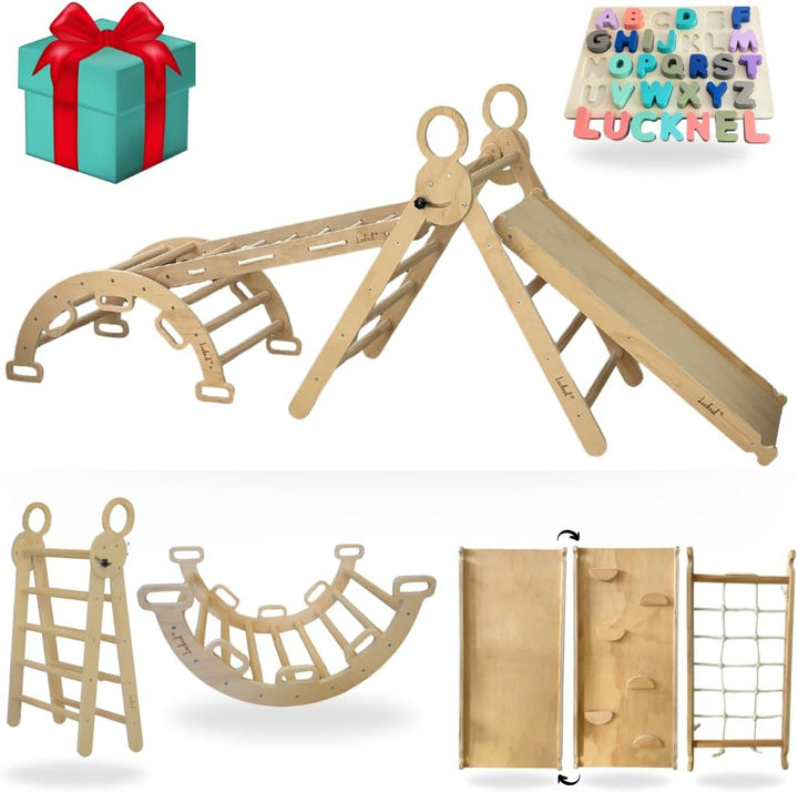 5-in-1 Montessori Klettergerüst Indoor Set – Pikler Dreieck, Kletterbogen, Kletternetz und Indoor Ru