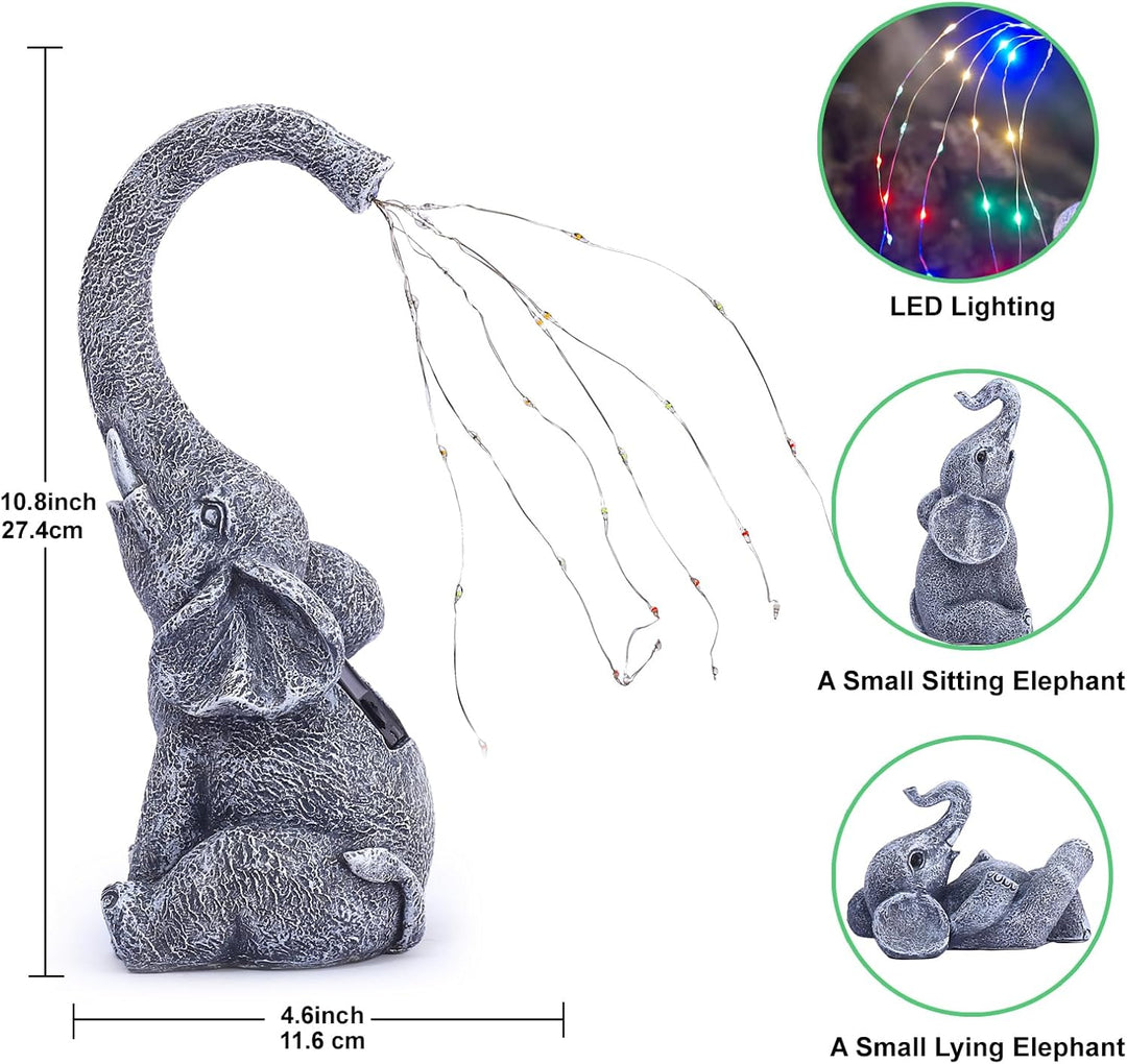 Yeomoo Elefanten Deko Gartenfiguren mit Solar Lichterkette Aussen: Elefant Mutter mit 2 Baby Elefant