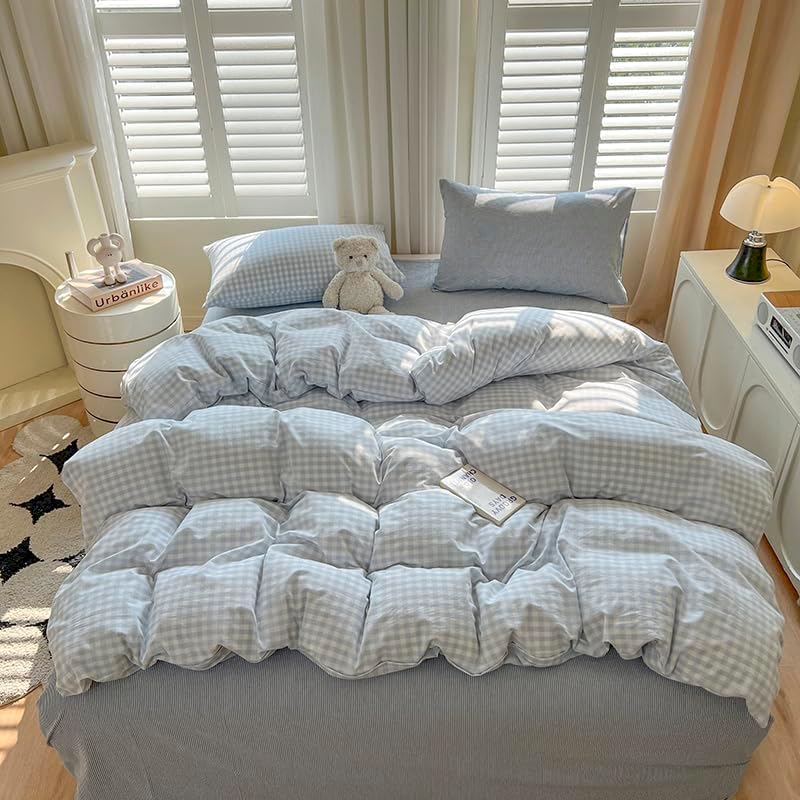 Koudi Kariet Bettwäsche 100x135 Blau Weiss Karomuster Bettbezug Set Mädchen Mikrofaser Wende Bettwäs