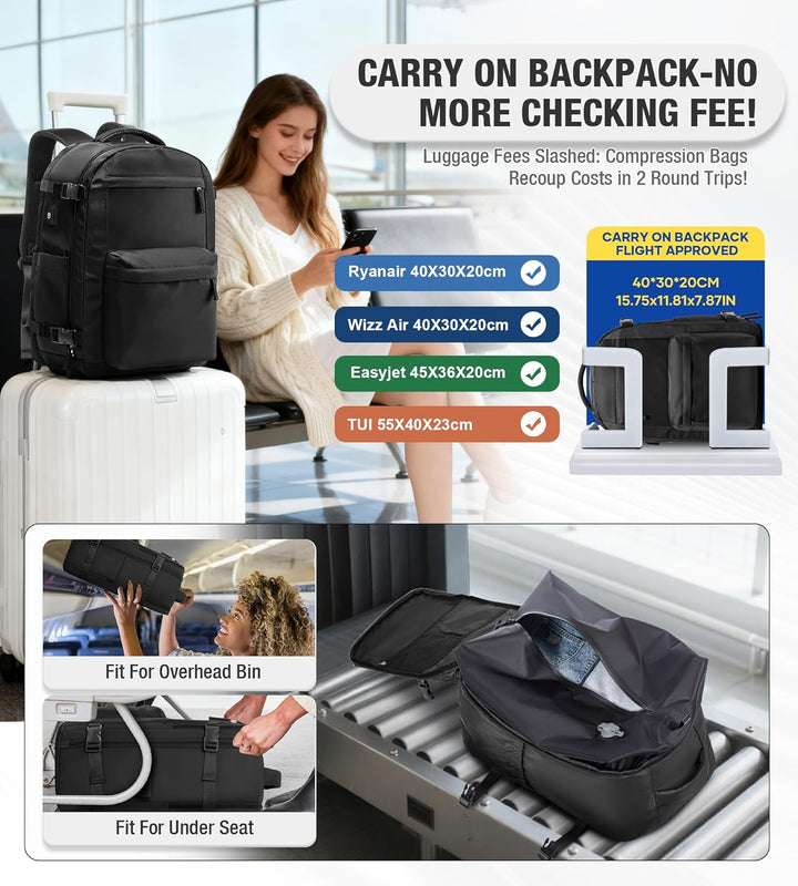 BOXSAM Vakuum Rucksack Handgepäck Flugzeug Tasche Airbag mit Vakuumsystem Reisen Tagesrucksack Ryana