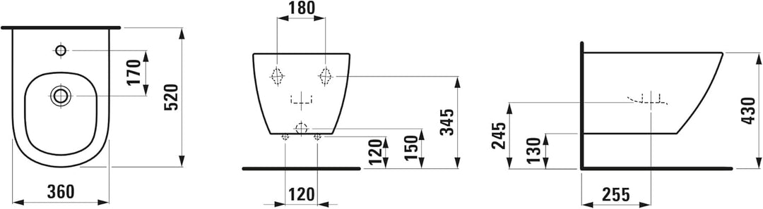 LAUFEN Lua Wandbidet, mit Überlauf, 1 Hahnloch, 360x520mm, Eckventile innenliegend, H8300810003021,