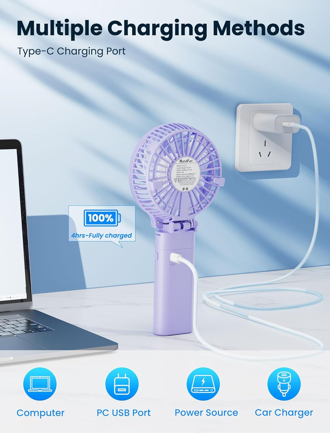 HandFan Handventilator, 5200 mAh, wiederaufladbar, 20 Stunden Laufzeit, Handventilator, 3 Geschwindi