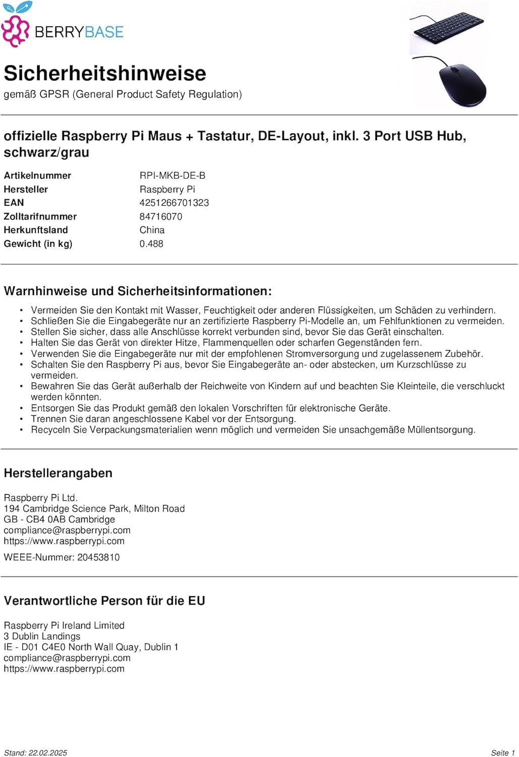 offizielle Raspberry Pi Maus + Tastatur, DE-Layout, inkl. 3 Port USB Hub, schwarz/grau