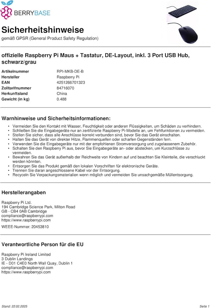 offizielle Raspberry Pi Maus + Tastatur, DE-Layout, inkl. 3 Port USB Hub, schwarz/grau
