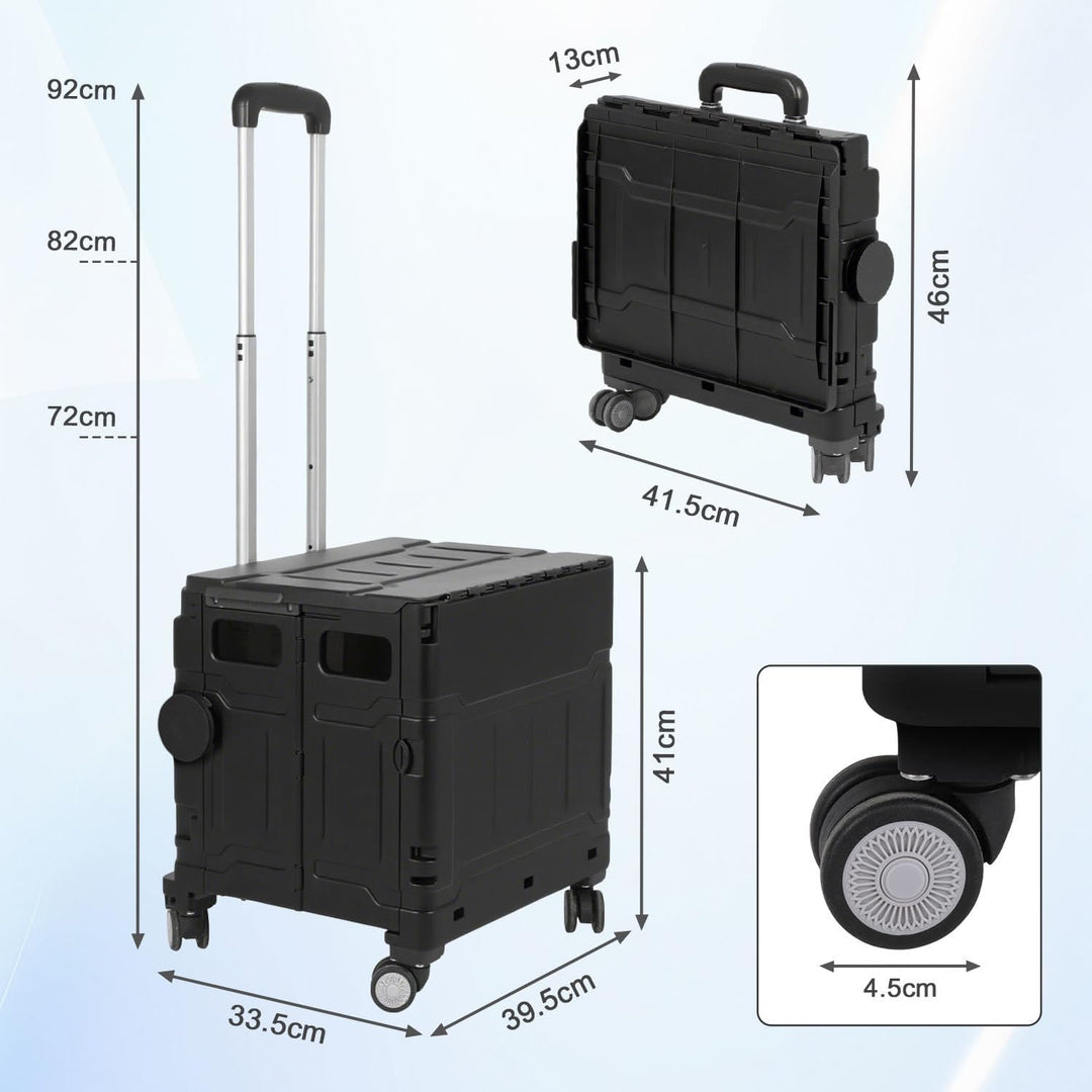 Einkaufstrolley Klappbar 50L, Faltbare Einkaufskiste mit Deckel, 4 x 360° Rollen &amp; verstellbarem Tel