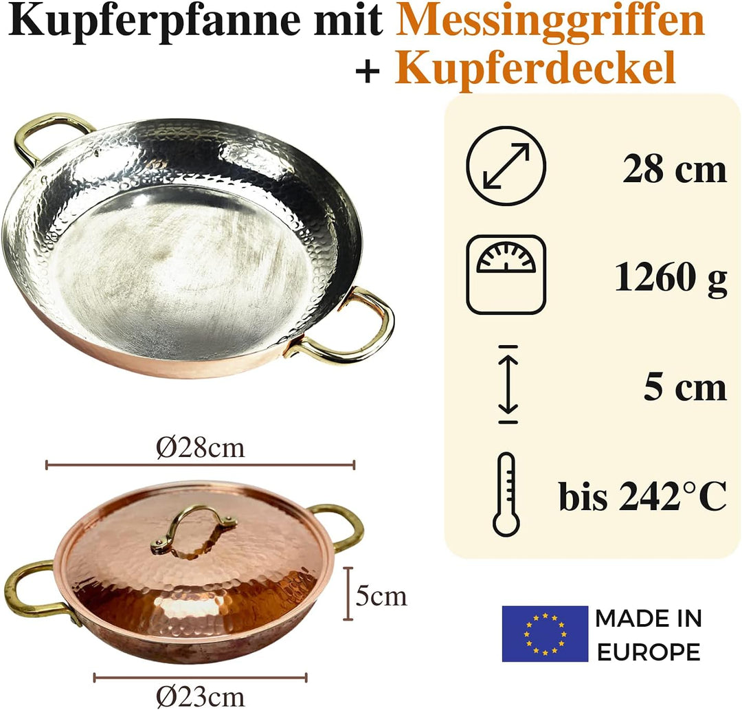 Copper Garden Kupferpfanne 28 cm mit Griffen + Deckel I Mit Zinn beschichtete Pfanne aus Kupfer zur
