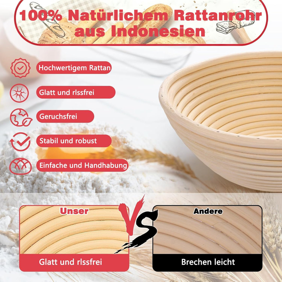 Sauerteig Starter Set, Gärkorb Brot Set mit 2 Gärkörbchen (23cm Runde & 25cm Ovale), Rattan, 1000ml