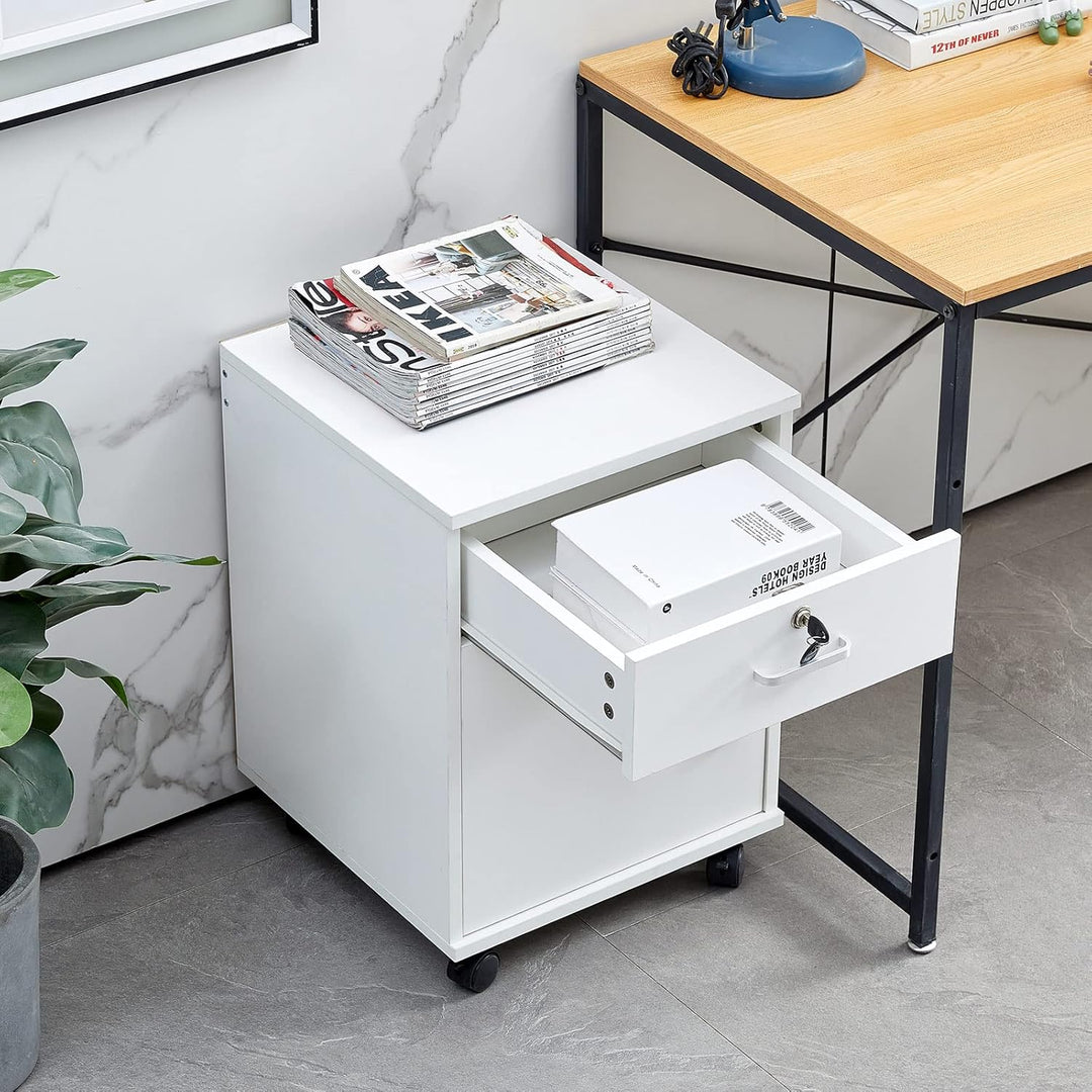 CLIPOP Rollcontainer Abschliessbare Aktenschrank Holz mit Schublade und Geschlossenem Speicher,Mobil