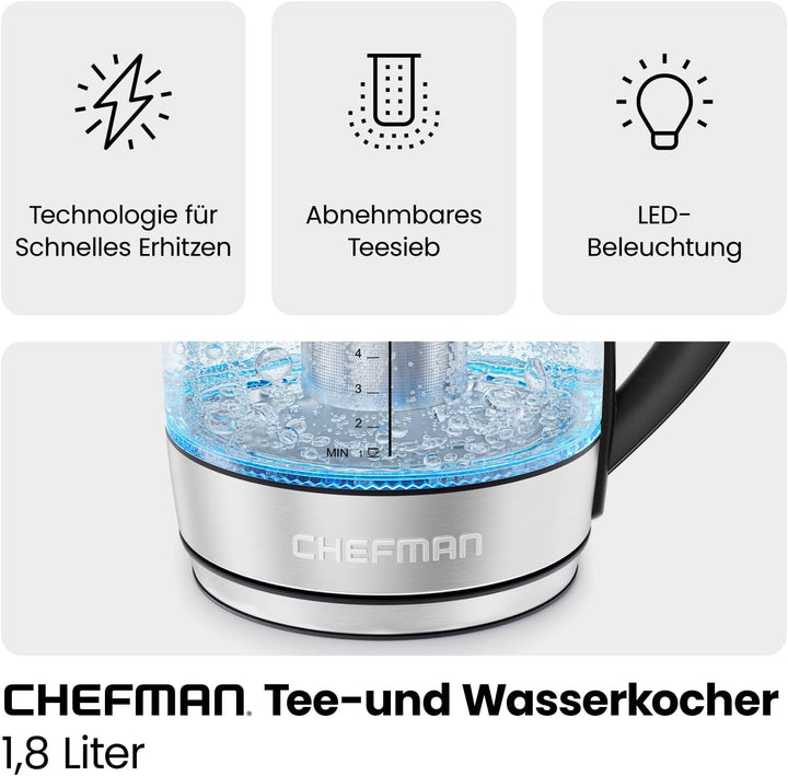 Chefman Elektrischer Wasserkocher Glas mit Teesieb, 1.8 Liter, LED-Anzeige, Abnehmbarer Deckel für L