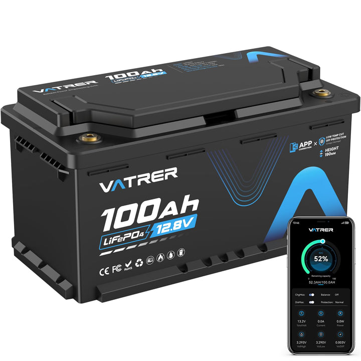 VATRER POWER 12V 100Ah H190 Bluetooth LiFePO4 Batterie mit 188mm Höhe 1280Wh 5000+ Zyklen Lithium Ba