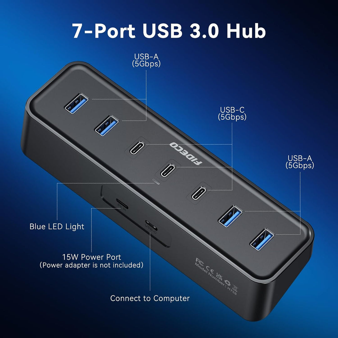 FIDECO 7 Port USB 3.0 Hub mit 1.2m Kabel für Desktop/PC/MacBook, 5Gbps USB Verteiler mit 4 USB-A + 3