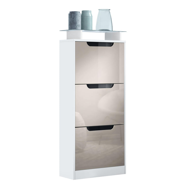 Vladon Schuhschrank Space V2, Schuhkipper für 12 Paar Schuhe mit 3 Klappen und Glasablage, Weiss mat