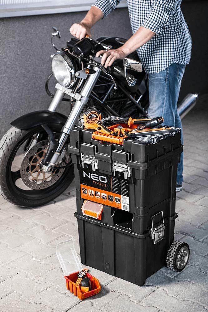 NEO TOOLS Werkzeugkoffer auf Rädern, mobile Werkstatt 40x40x70,5 cm, vier Organizer, vier Ergoboxen