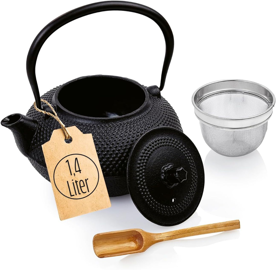Lumaland Tee Kanne im Asia Hobnail Design | 1 x gusseiserne Teekanne (1,4 Liter) 1x Bambus Dosierlöf