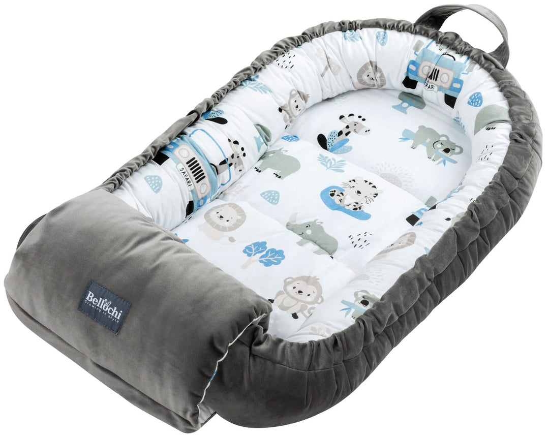 Bellochi Babynest mit Arm Kissen - Babynestchen Neugeborene - Baumwolle und Samt - Safari