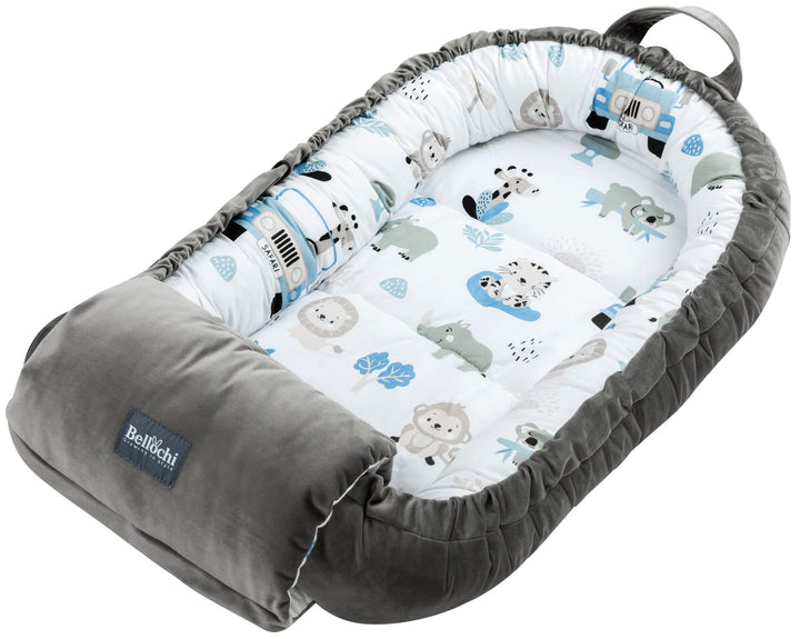 Bellochi Babynest mit Arm Kissen - Babynestchen Neugeborene - Baumwolle und Samt - Safari