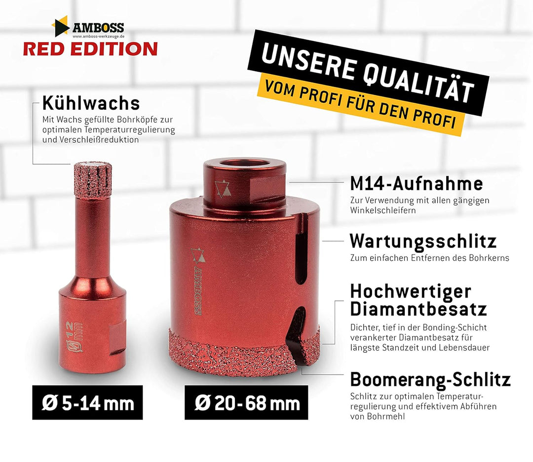 Amboss RED EDITION M14 Diamant Bohrkrone - für Winkelschleifer - Feinsteinzeug, harte Fliesen, Grani