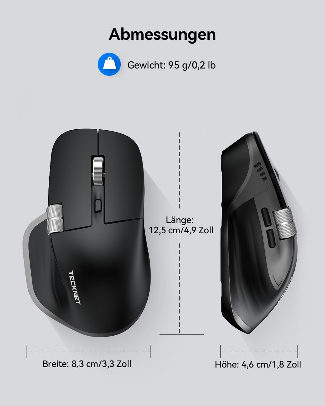 TECKNET Bluetooth kabellose Maus(BT 5.0/5.0+2,4G), Seitliches Mausrad, Superschnelles Scrollen, Wied