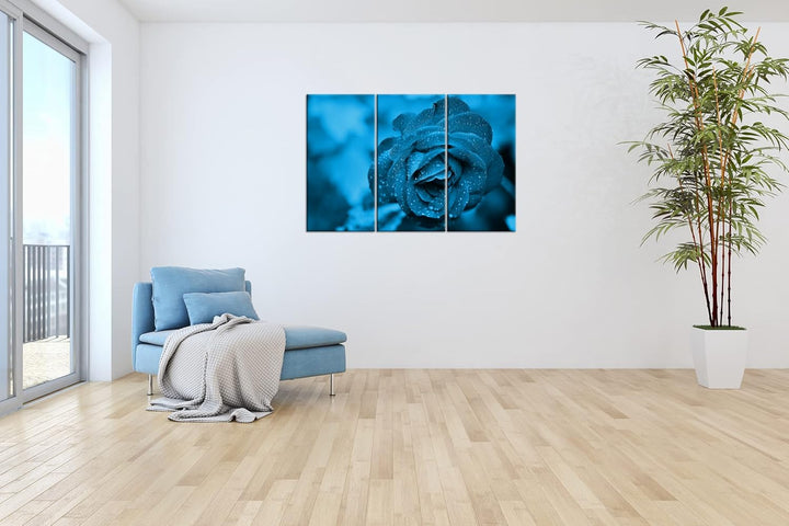beeindruckende Blaue Rose Effekt: Zeichnung Format: 3-teilig 120x80, Motiv fertig gerahmt auf Echtho