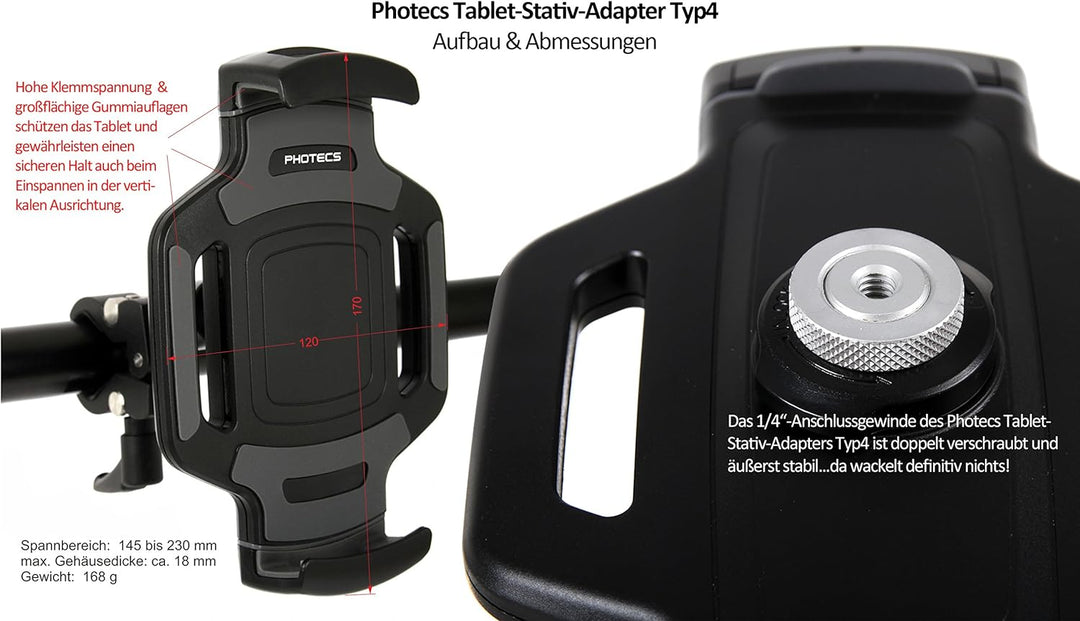 Photecs Tablet-Halterung Pro V5-K3, höhenverstellbar, für iPad Pro und andere Tablet-PC´s (6" bis 14