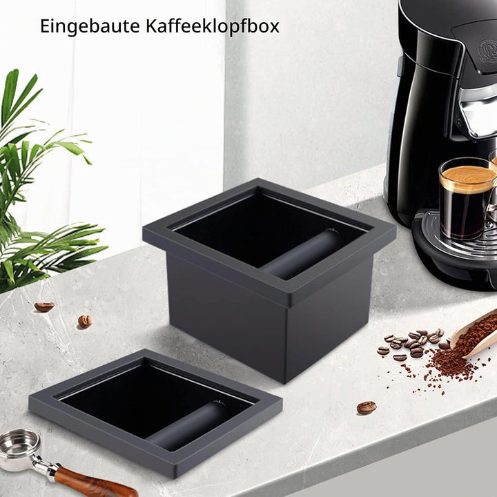 Kaffeesatz-Ausklopfbox, quadratisch, bodenlos, schwarze Gummi-PTFE-Stahlbox mit Kaffee-Tamping-Stati