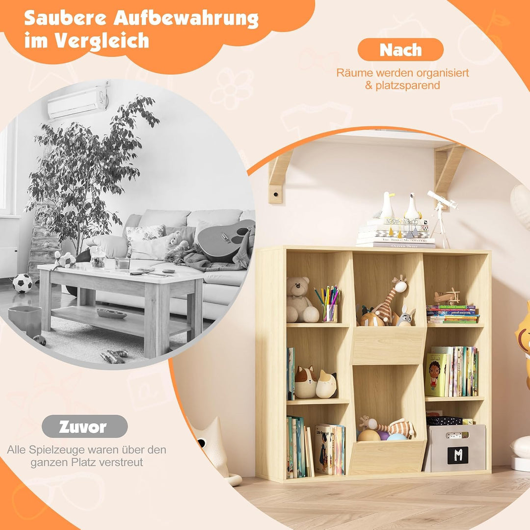NACHES Bücherregal Kinder Bücher Aufbewahrung 90 x 30 x 90cm (Weiss) (Natur) | , Kinderregal mit 8 O