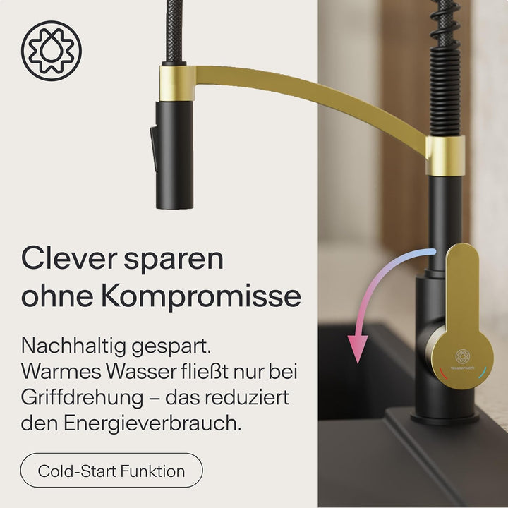 WK3 Küchenarmatur - Design-Wasserhahn Küche - Gold/Schwarz Matt - Herunterziehbare Brause - Armatur