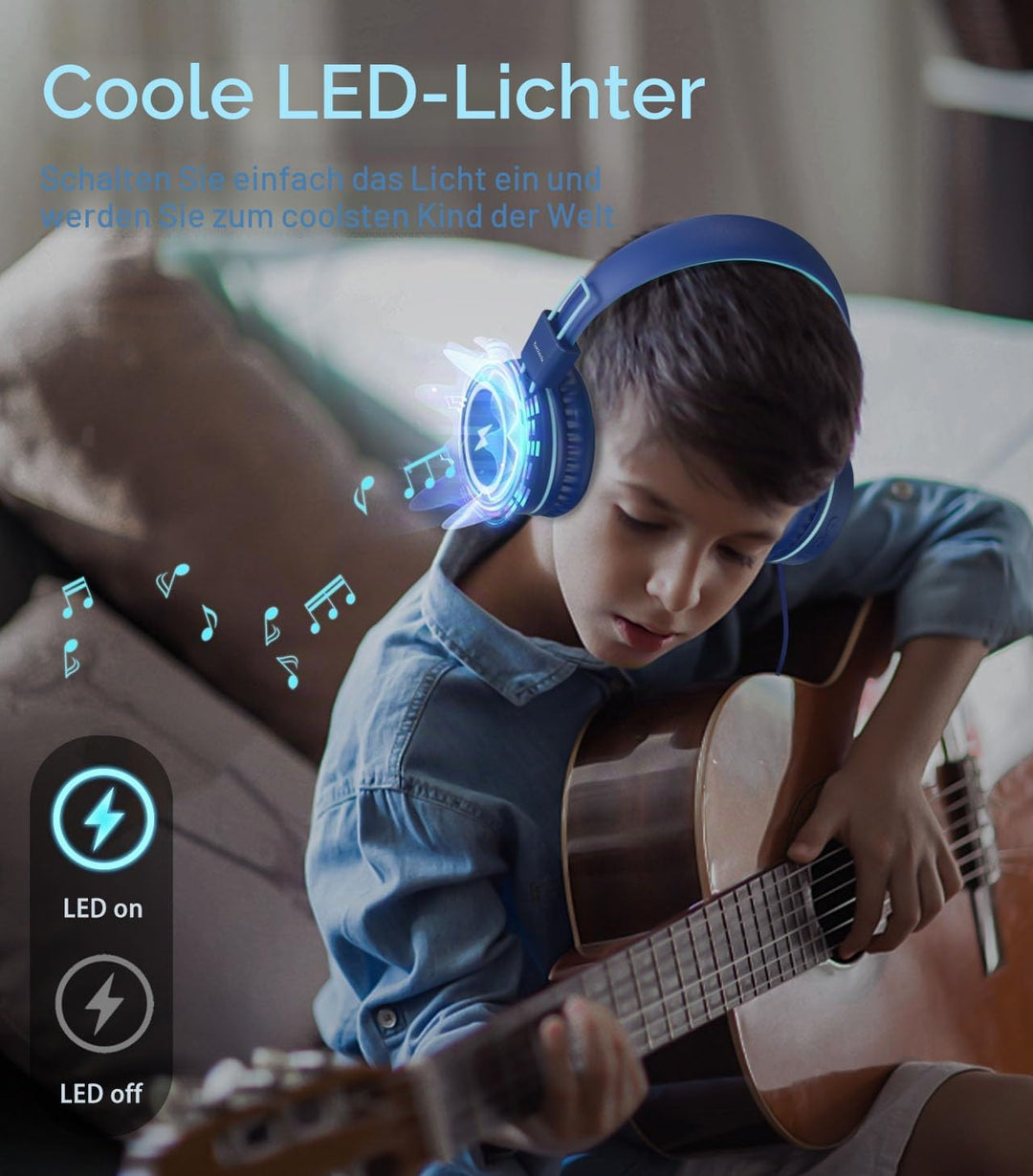 Kinder-Kopfhörer mit LED-Lichtern für die Schule, Upgrade USB Typ C Kid Kopfhörer mit Mikrofon, Laut