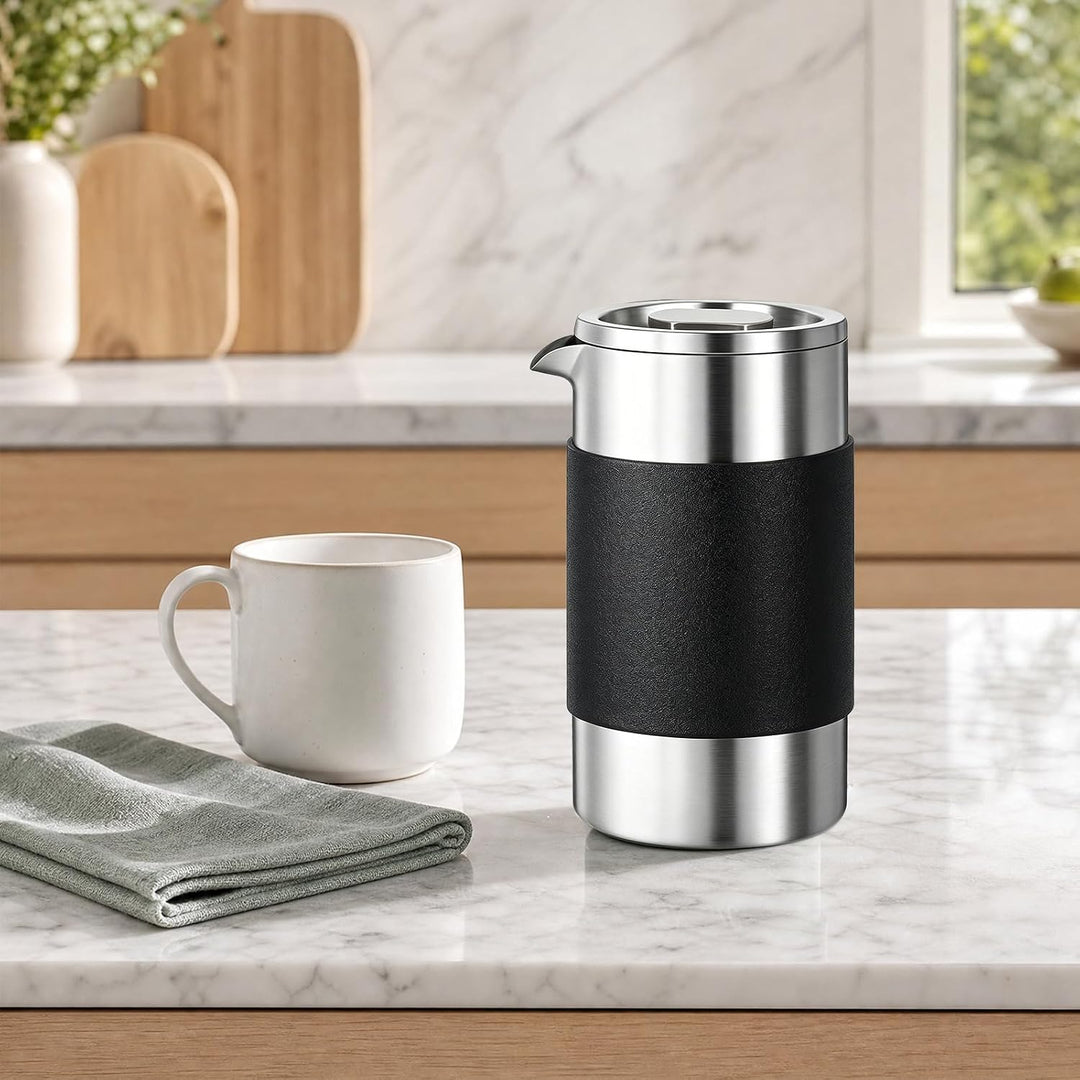 BORDEAG French Press Edelstahl, 304 Edelstahl Kaffeepresse doppelwandig isoliert, Travel Press Kaffe