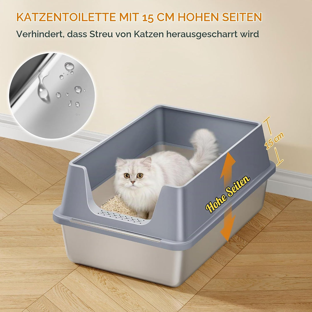 Katzenklo Edelstahl 2er Set, XXL Gross Katzentoilette, Dunkelgrau | Metall Katzentoilette mit Hoher