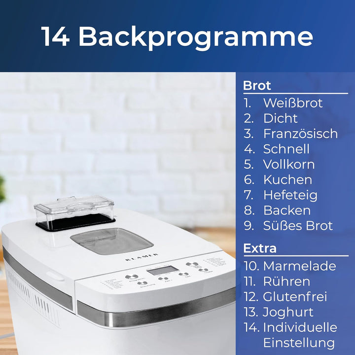 KLAMER Brotbackautomat, 14 Backprogramme, 3 einstellbare Bräunungsstufen, automatische Zubereitung v
