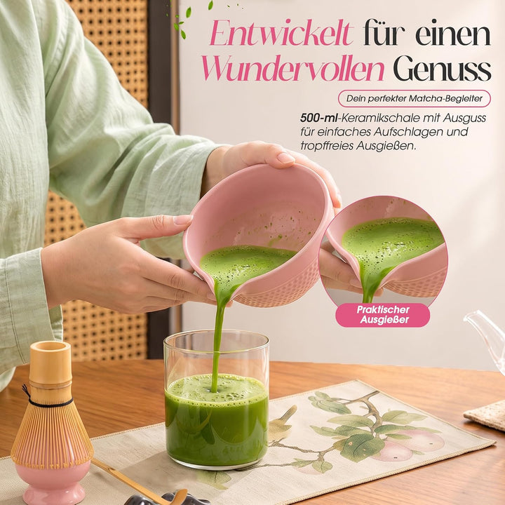Matcha Set 7-teilig – Premium Tee Set mit Keramik Matcha Schale, Bambus Schneebesen (Chasen), Sieb &amp;