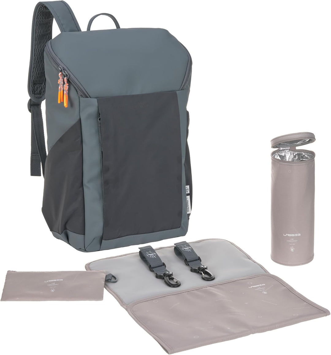 LÄSSIG Baby Wickelrucksack mit Wickelunterlage, Kinderwagenbefestigung und Flaschenhalter/GRE Slende