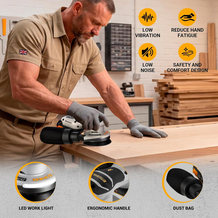 Exzenterschleifer 125 mm Schleifmaschine für Holz: DEKOPRO 20V Bürstenloser Akkuschleifer mit 16 Stü