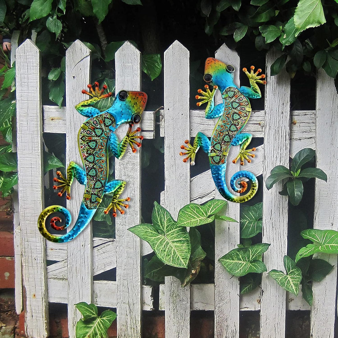 HONGLAND Metall-Gecko-Wanddekoration, Wandbild Metall,Eidechse, Wanddeko Outdoor,Gartenkunst, farbig