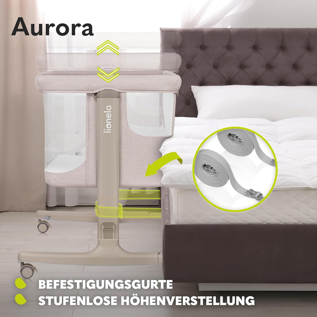 Lionelo Aurora 3 in 1 Babybett bis 9 kg, Beistellbett, Wiege, Höhenverstellug und Einstellung der Ne