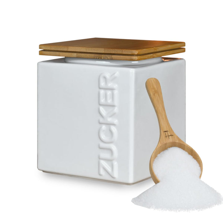 Zuckerdose luftdicht 1kg – Keramik Zuckerbehälter inkl. Bambus Messlöffel - Bambusdeckel für lange H