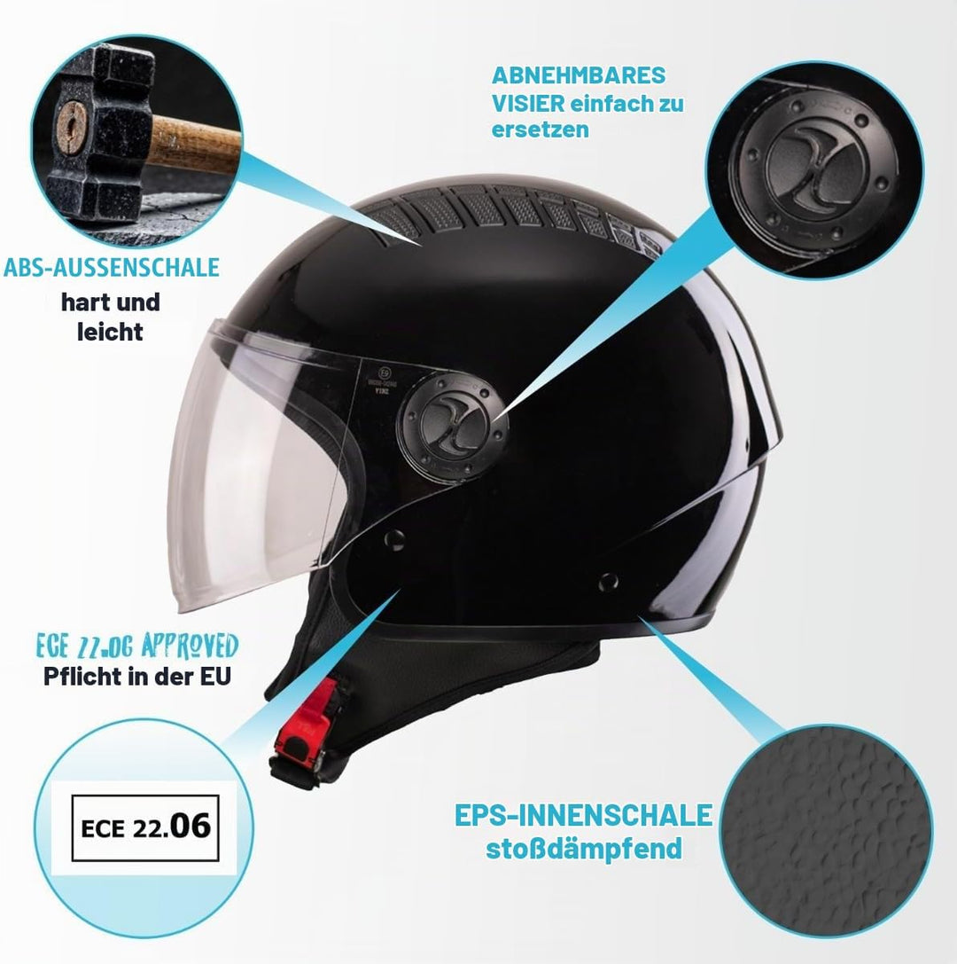 VINZ Como Jethelm mit Visier ECE 22.06 Zertifiziert | Roller Helm Mopedhelm Für Motoroller &amp; Vespa |