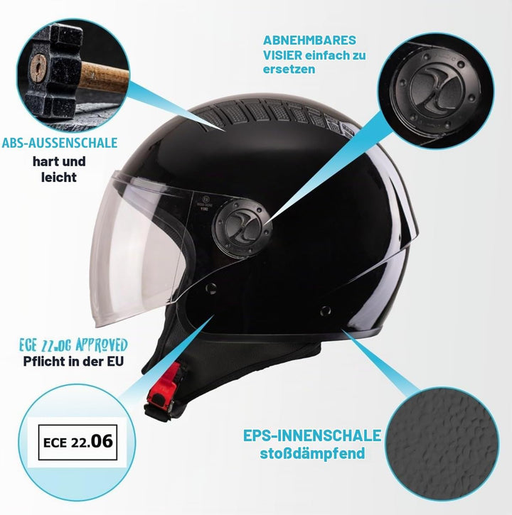 VINZ Como Jethelm mit Visier ECE 22.06 Zertifiziert | Roller Helm Mopedhelm Für Motoroller &amp; Vespa |