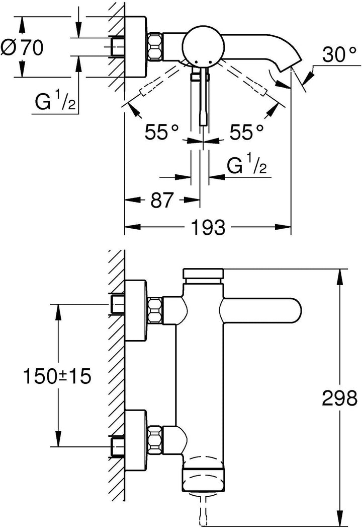 GROHE Essence - Einhand- Wannenbatterie (Wandmontage, integrierter Rüchflussverhinderer, automatisch