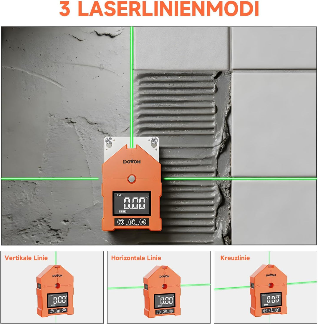 DOVOH 3-in-1 Digitaler Winkelmesser mit Laser, Neigungsmesser & Laser, 3 grüne Laserlinien, magnetis