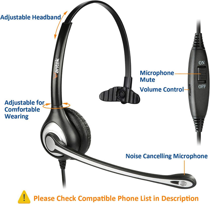 Wantek Telefon Headset RJ11 Monaural mit Noise Cancelling Mikrofon, Lautstärkeregler, Festnetztelefo